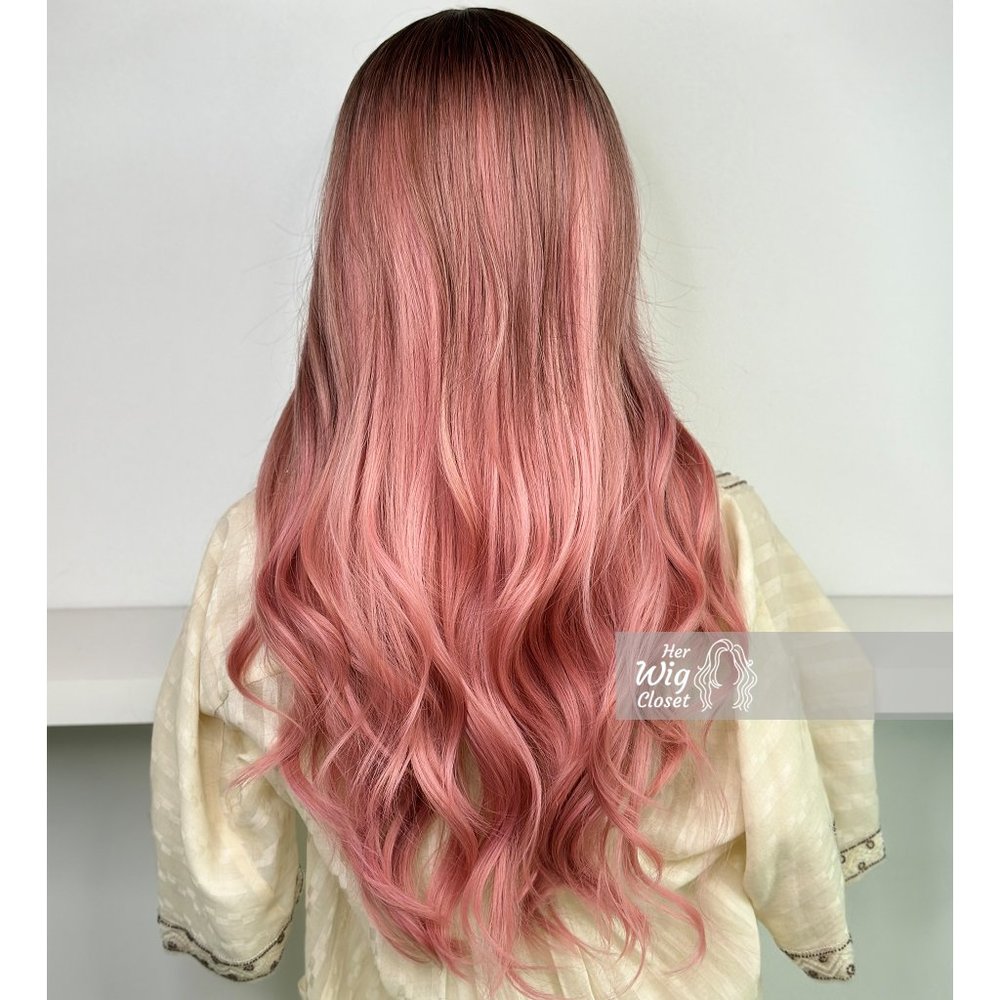 Sakura Pink Hair Ombre Pastel Pink Wig Dark Roots Wavy Wig | Anaella - Picture 6 of 8